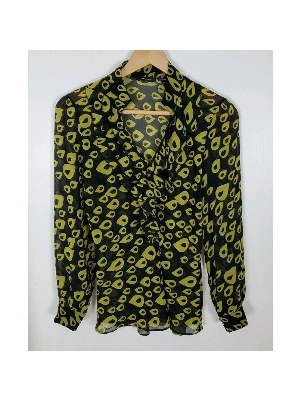 Y2k New York & Co Company Size 6 Black Lime Green Sheer Long Sleeve Blouse
